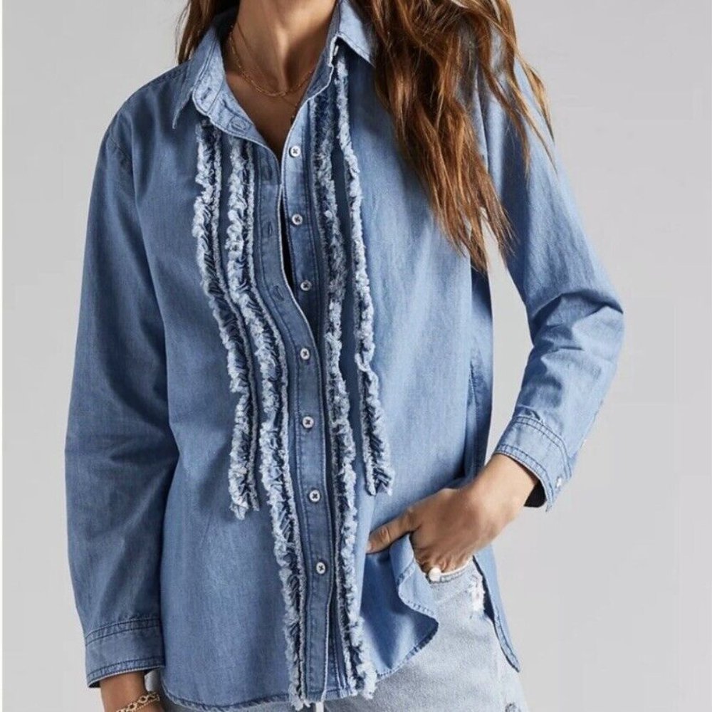 Anthropologie Pilcro and the Letterpress Juni Ruffled Denim Button Down Shirt S